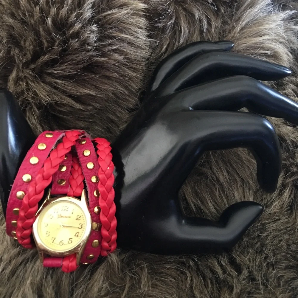 Geneva red braided leather wrap bracelet watch